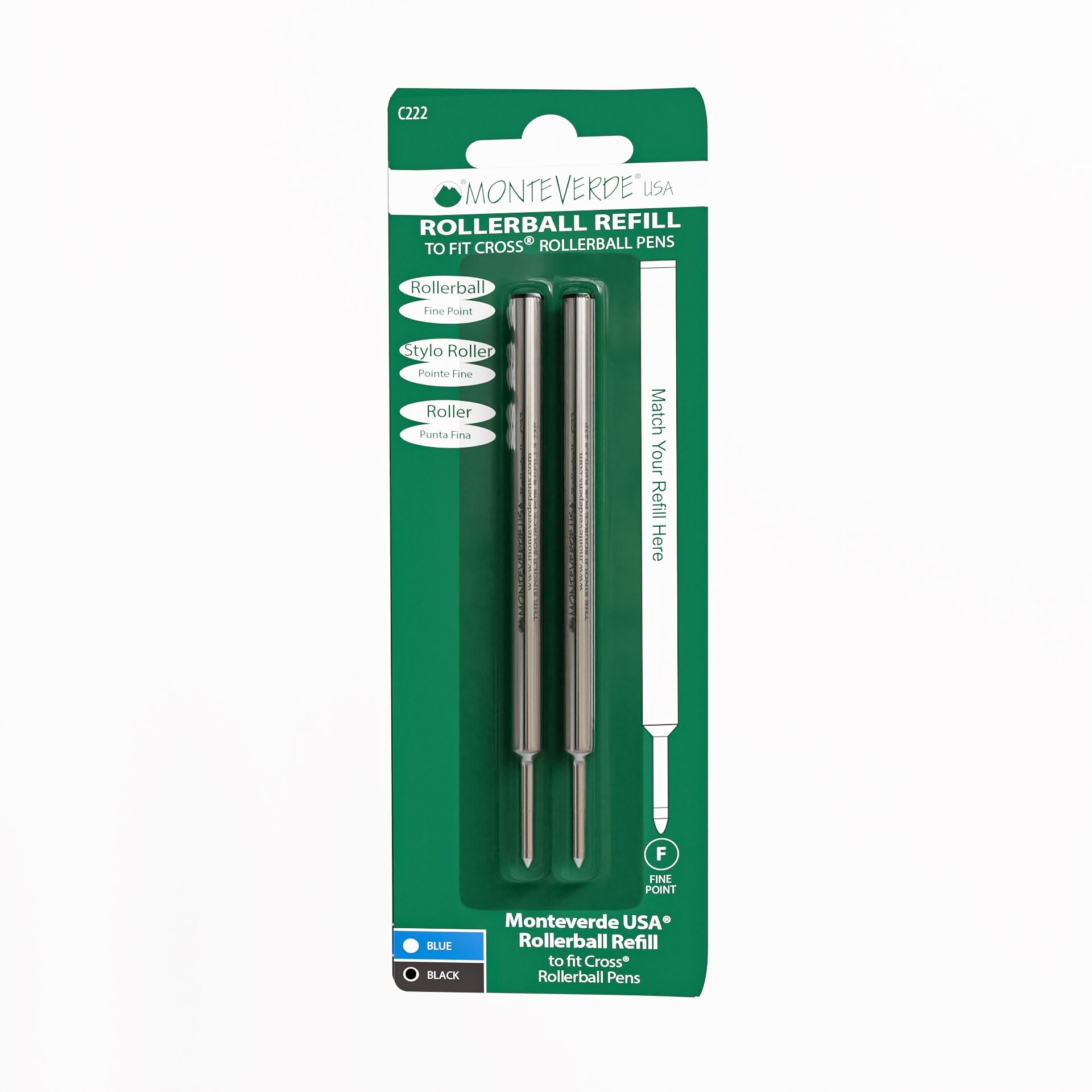 Recambio Rollerball Monteverde USA® compatible con Cross® — Punta Fina, Pack 2 (C22)