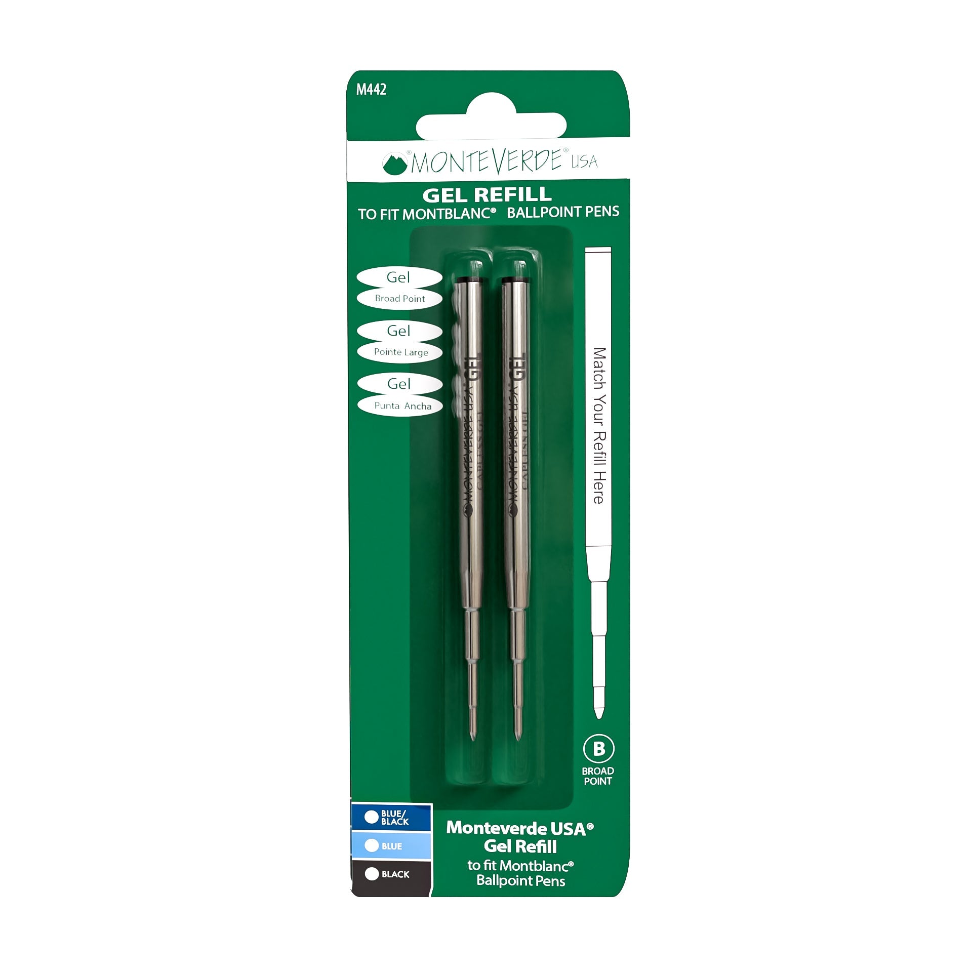 Recambio Gel Capless Monteverde USA® compatible con Montblanc® - Punta Ancha, Pack 2 (M44)
