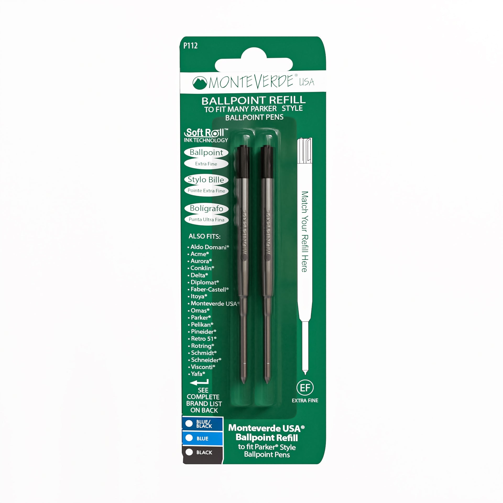 Recambio de Bolígrafo Monteverde USA® compatible con Parker® — Punta Extrafina, Pack 2 (P11)