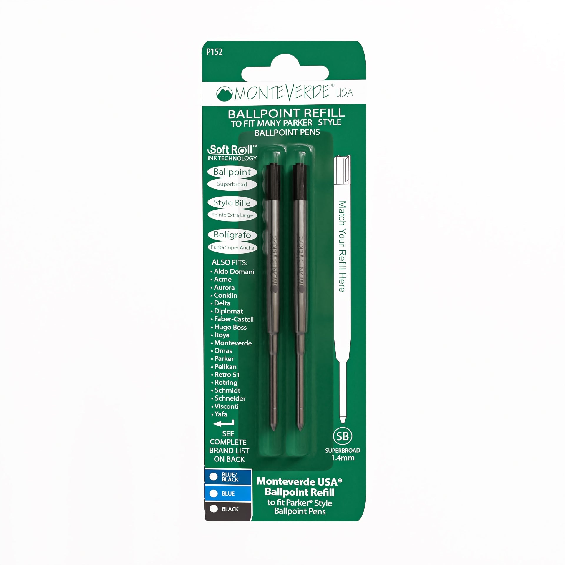 Recambio de Bolígrafo Monteverde® compatible con Parker® — Punta Superancha, Pack 2 (P15)
