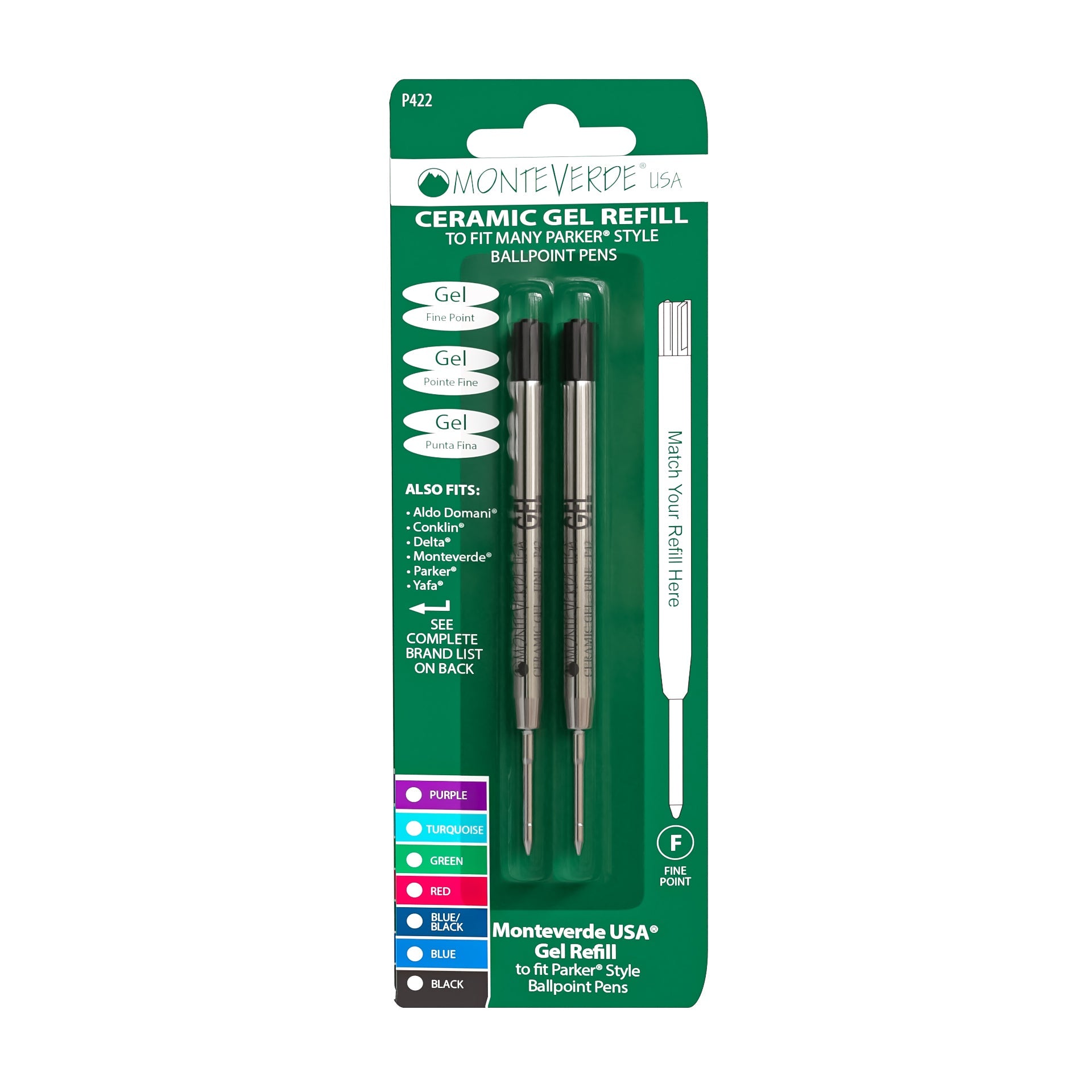 Recambio de Gel Cerámico Capless Monteverde USA® compatible con Parker® — Punta Fina, Pack 2 (P42)