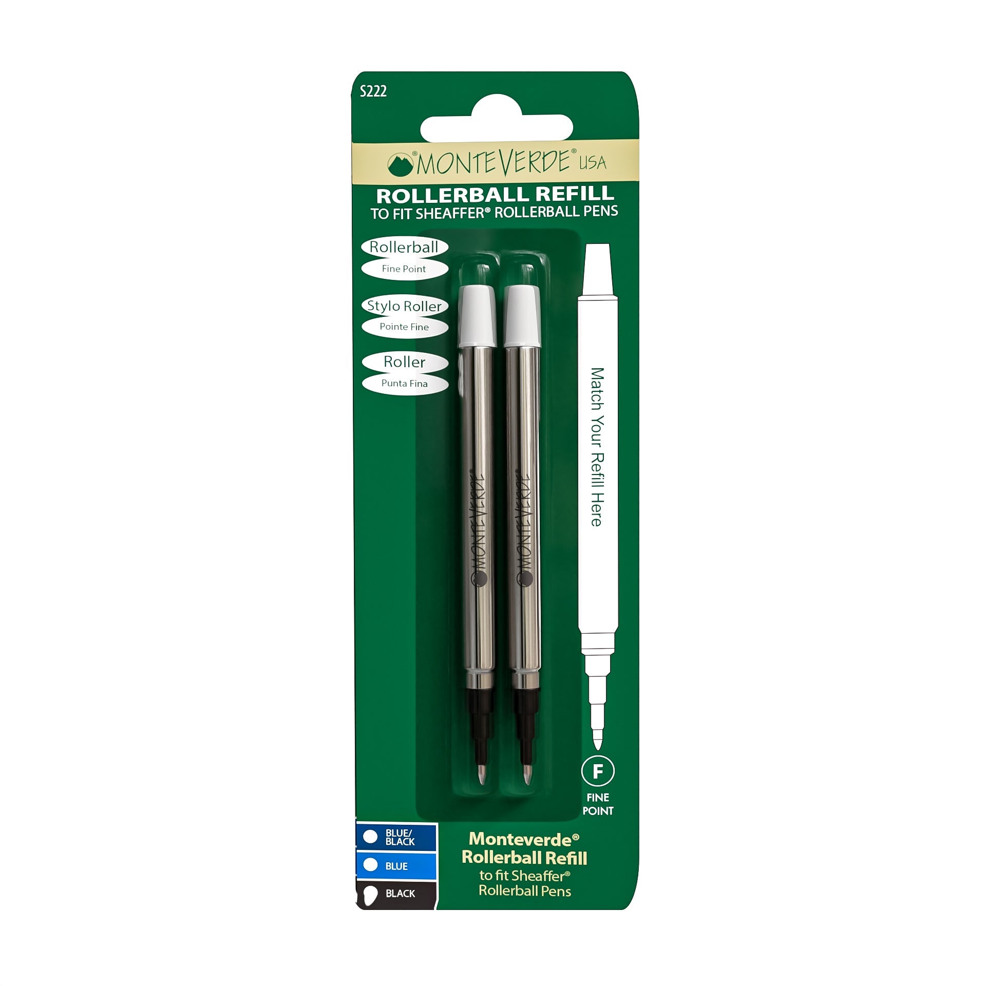 Recambio Rollerball Monteverde® compatible con Sheaffer® — Punta Fina, Pack 2 (S22)
