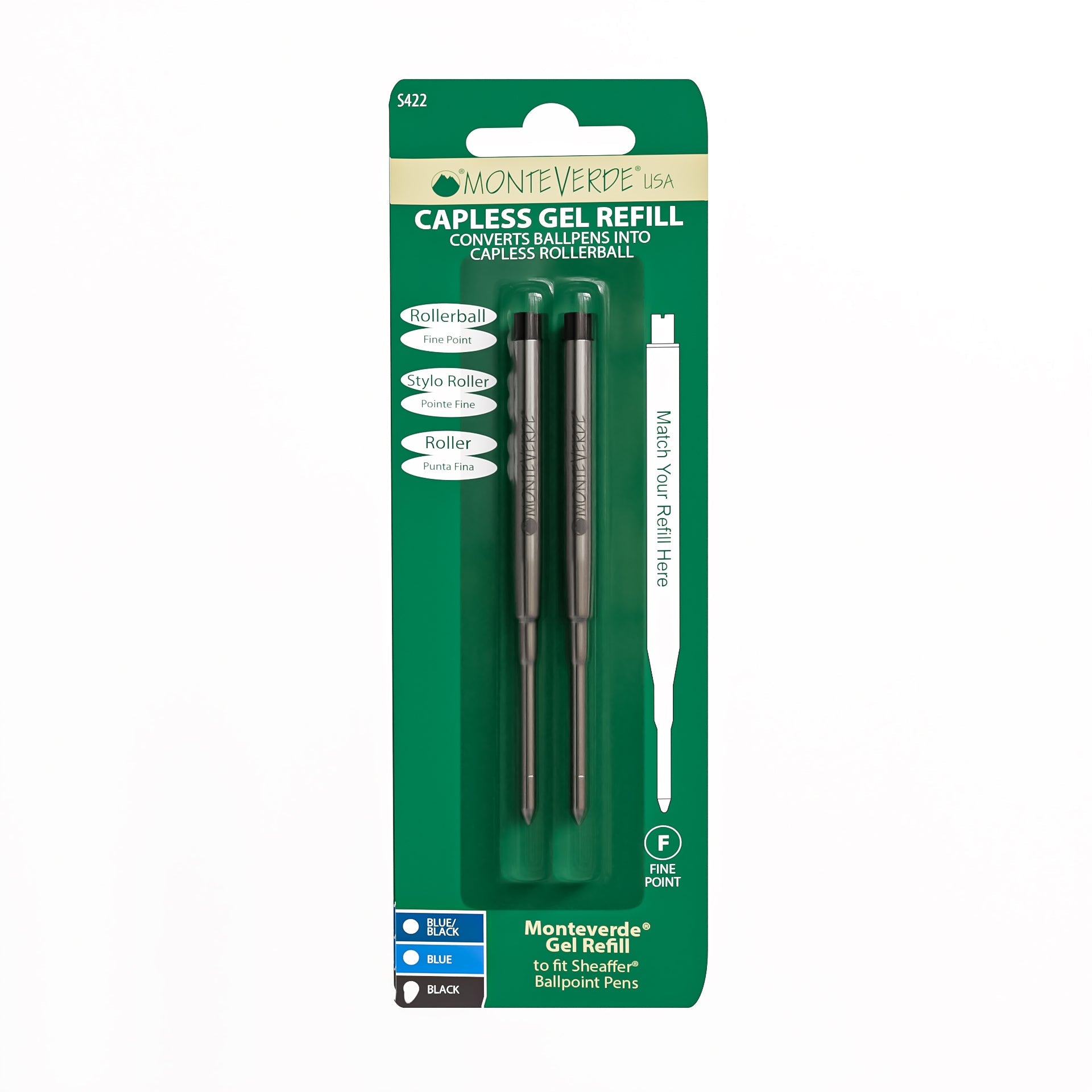 Recambio de Gel Capless Monteverde® compatible con Sheaffer® — Punta Fina, Pack 2 (S42)