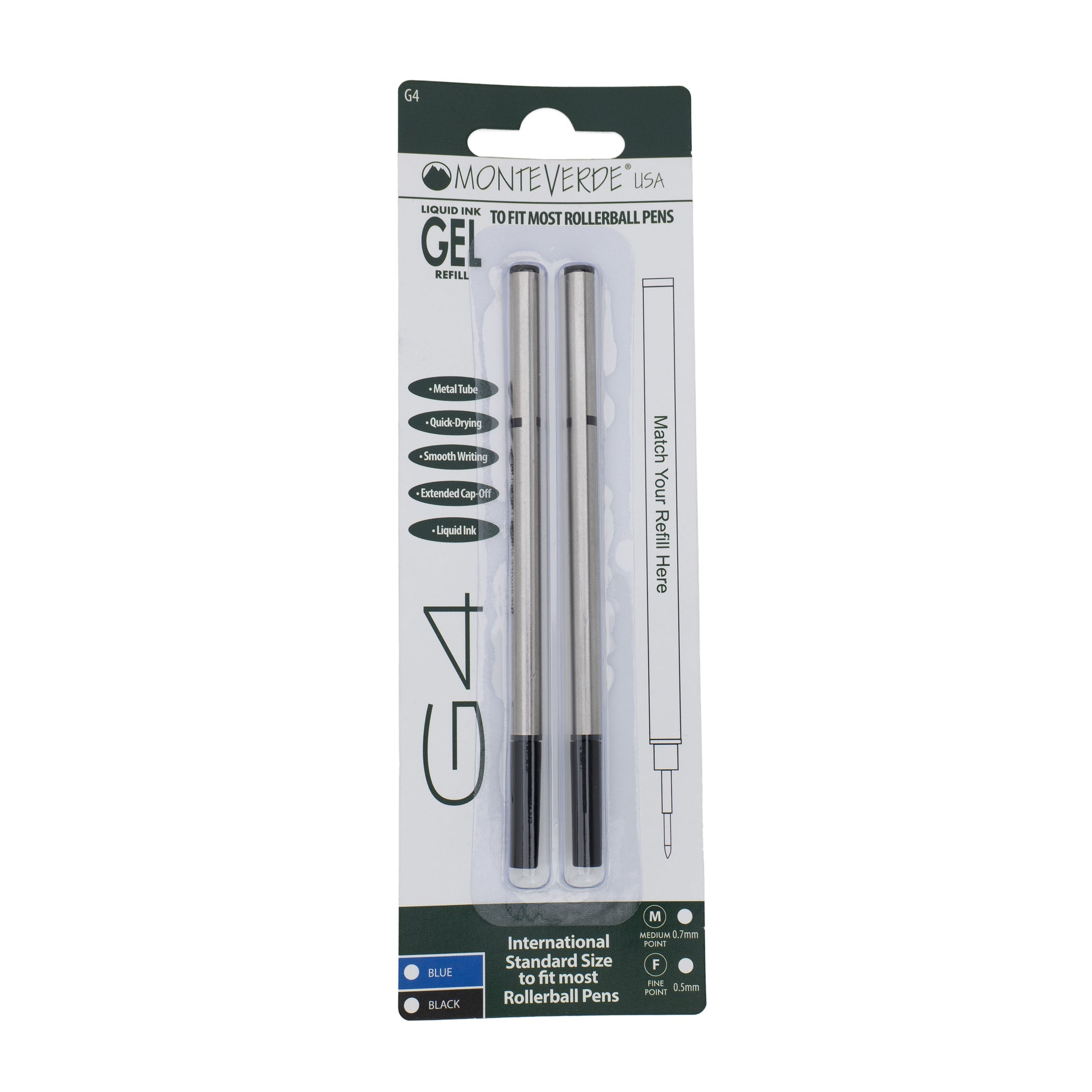 Recambio de Gel Tinta Líquida Monteverde USA® para Rollerball — Punta Fina, Pack 2 (G42)