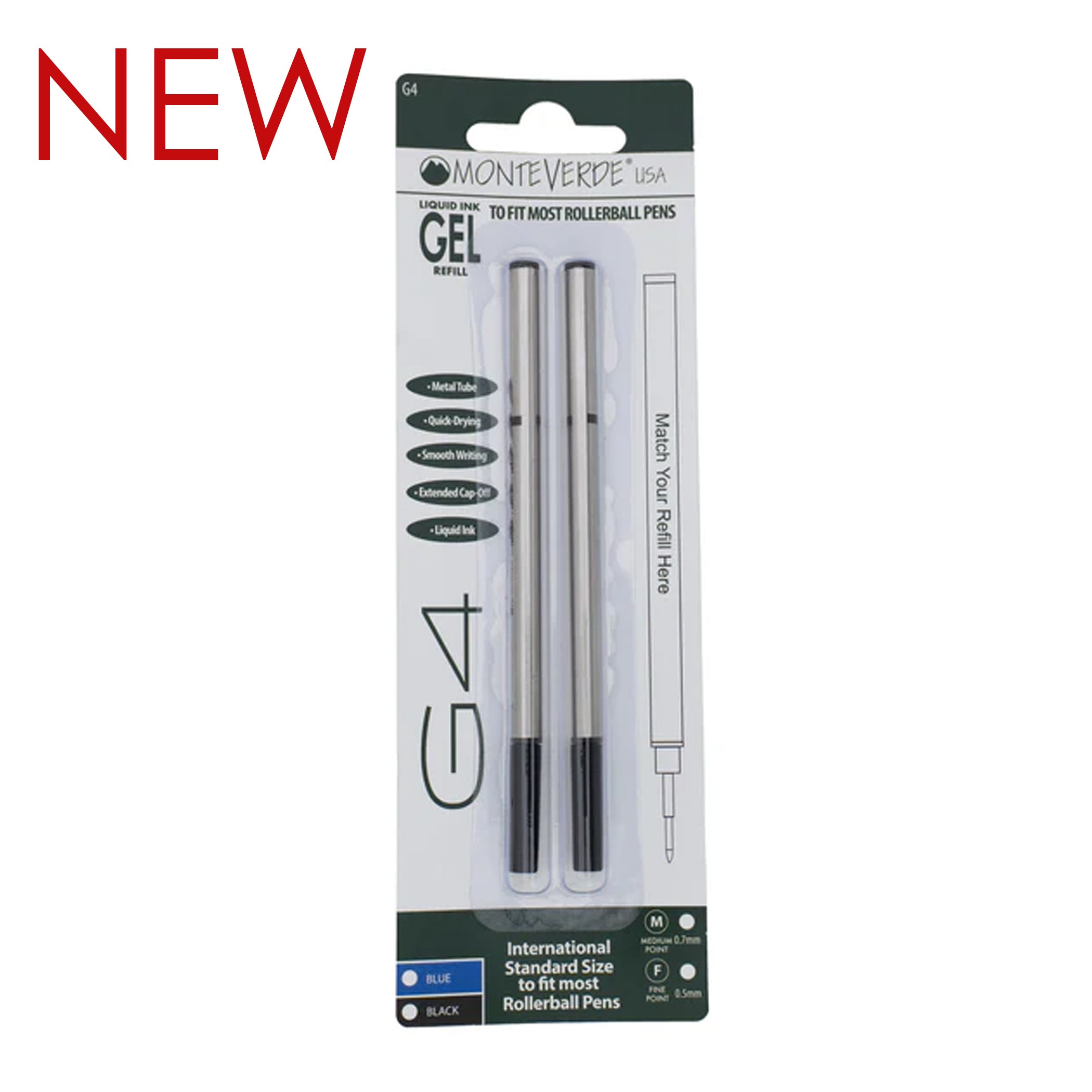 Recambio de Gel Tinta Líquida Monteverde USA® para Rollerball — Punta Fina, Pack 2 (G42)