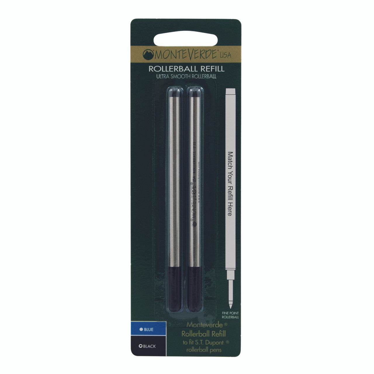 Recambio Rollerball Monteverde USA® compatible con S.T. Dupont® — Punta Fina, Pack 2 (T22)